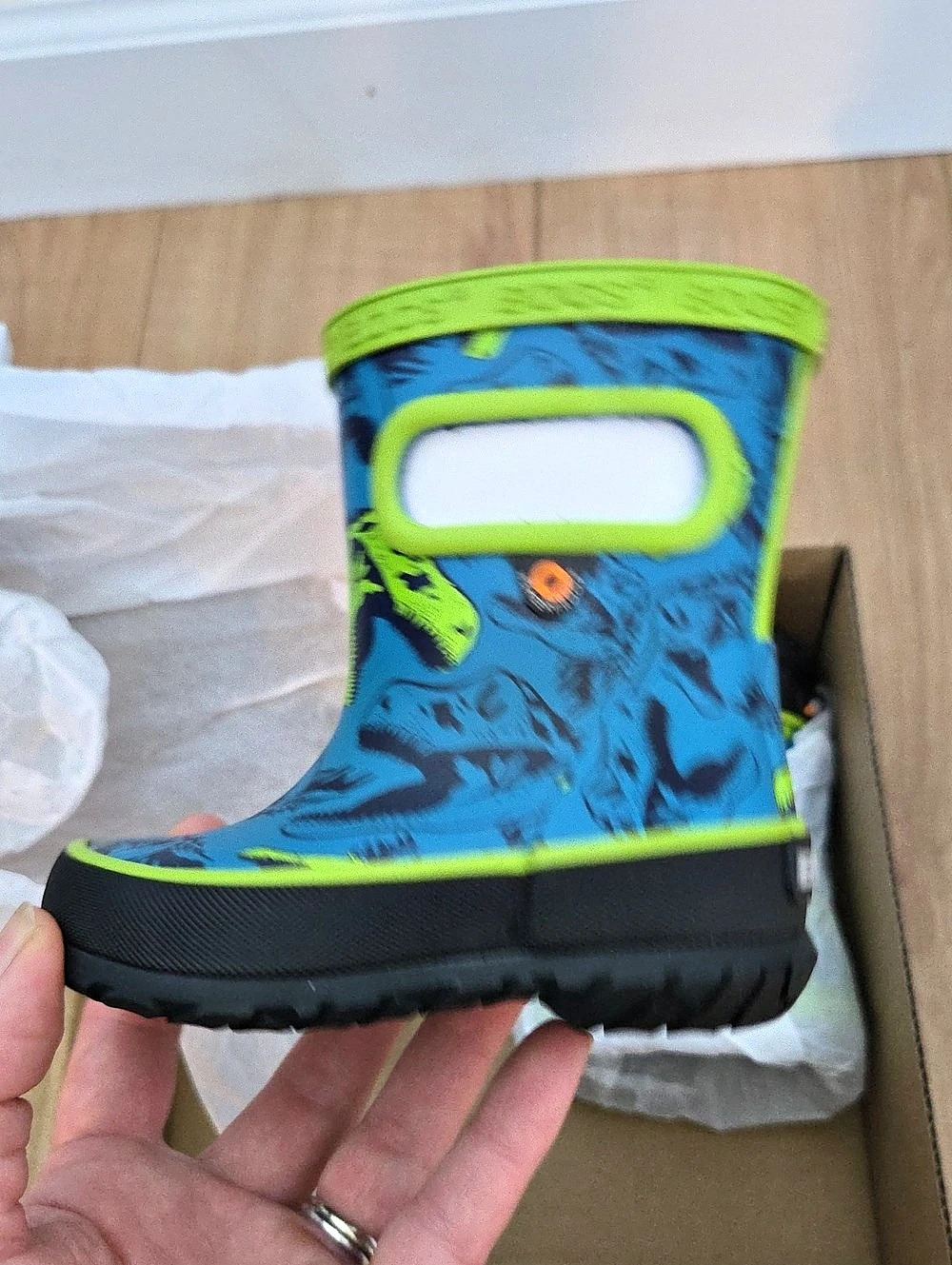 BOGS Skipper Cool Dinos Kids Rain Boots Blue & Green Baby Size 4